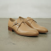 Men's Tan Plain-Toe Leather Double Monk Strap Shoes — Farlam