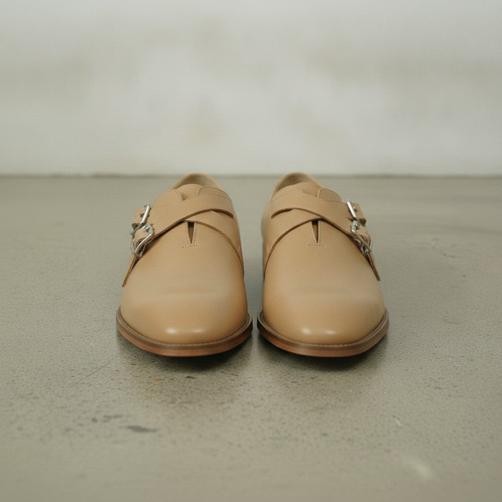 Men's Tan Plain-Toe Leather Double Monk Strap Shoes — Farlam