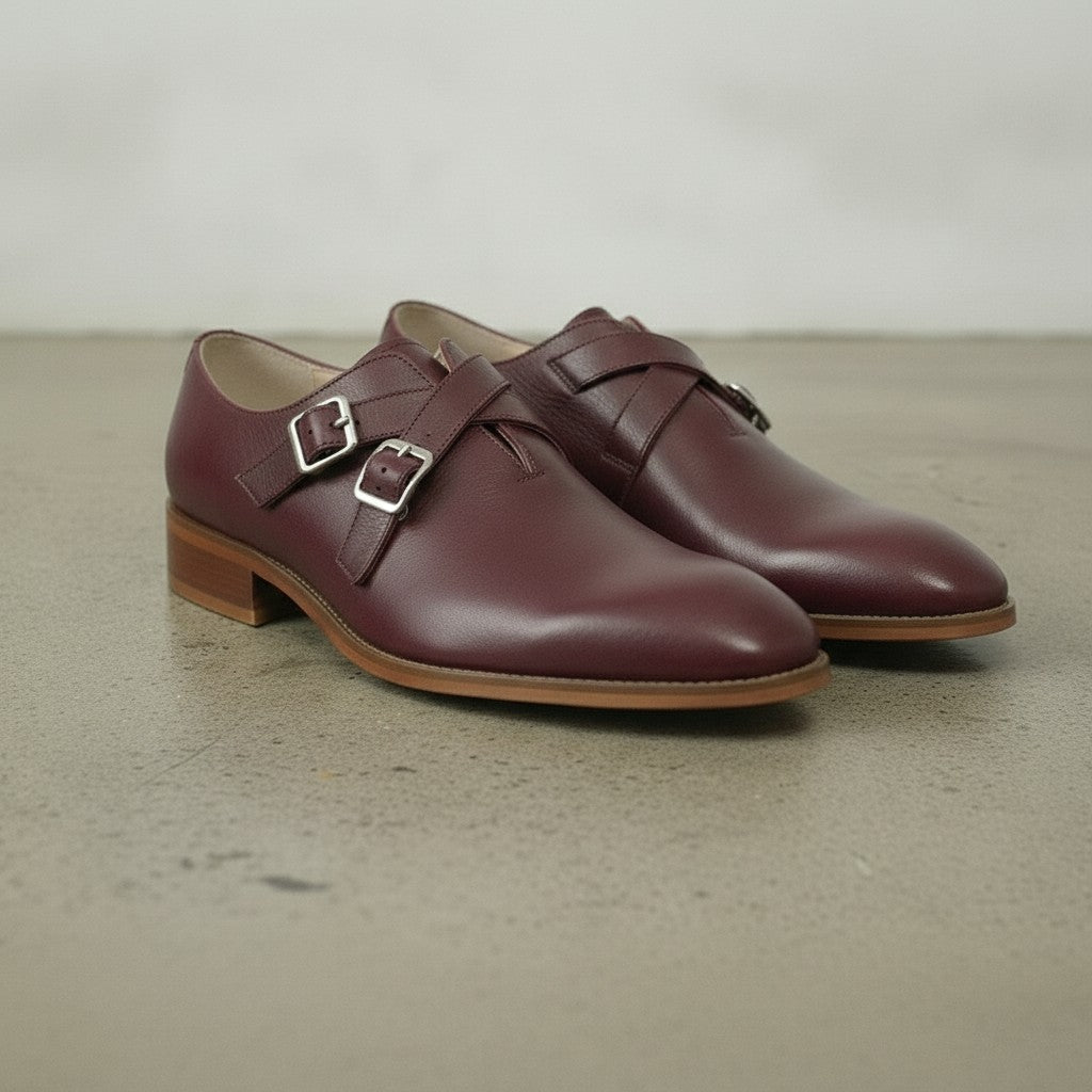Men's Burgundy Plain-Toe Leather Double Monk Strap Shoes — Farlam