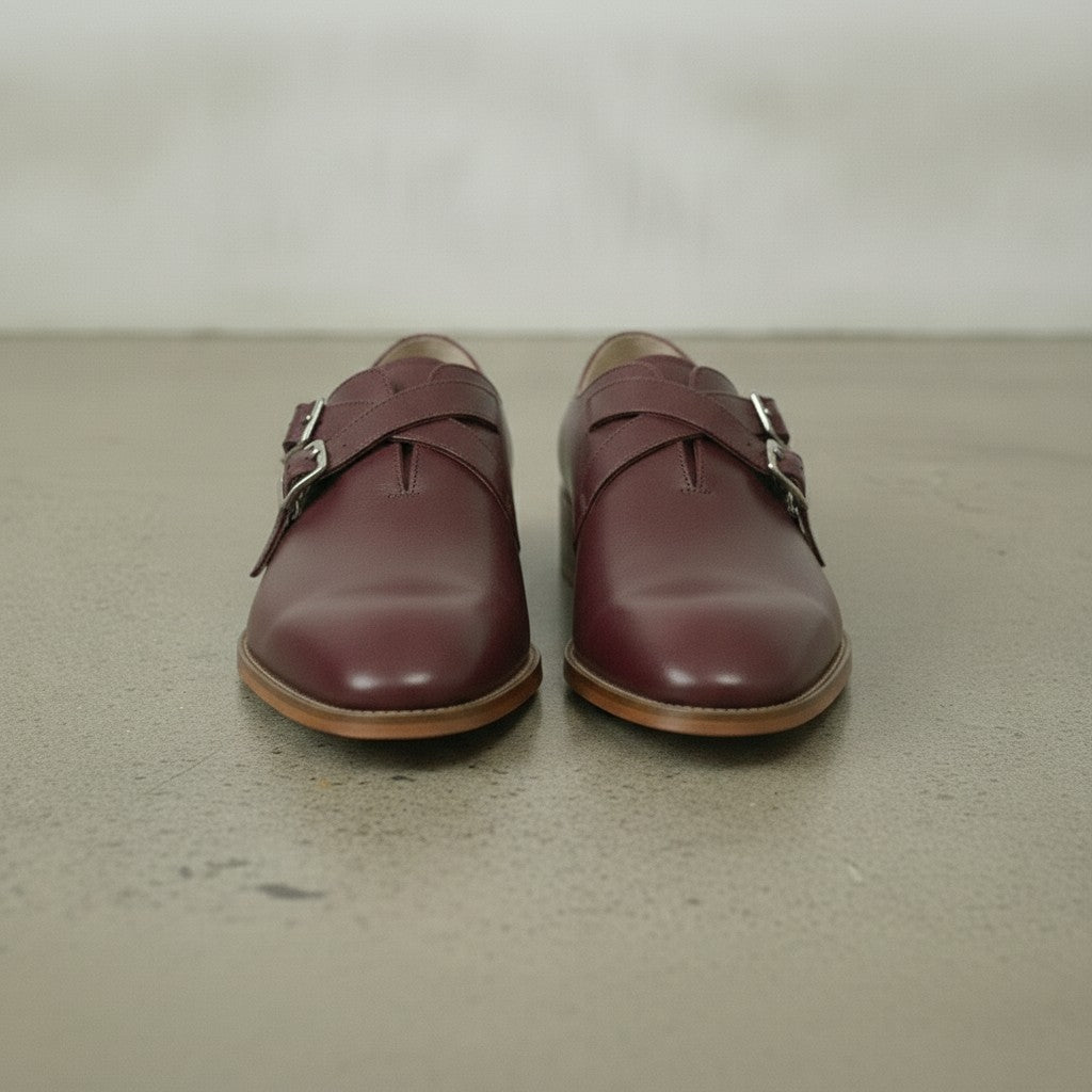 Men's Burgundy Plain-Toe Leather Double Monk Strap Shoes — Farlam