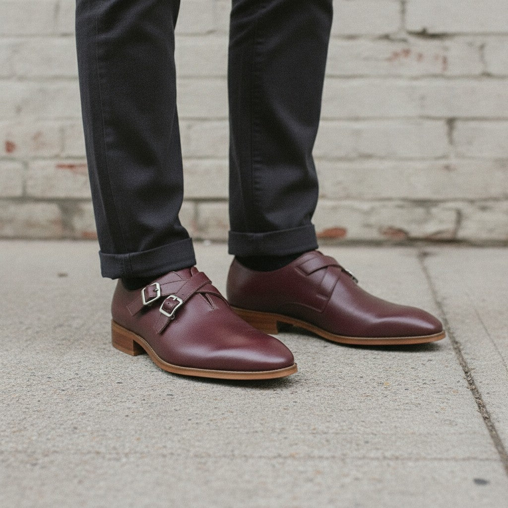 Men's Burgundy Plain-Toe Leather Double Monk Strap Shoes — Farlam