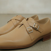Men's Tan Plain-Toe Leather Double Monk Strap Shoes — Farlam