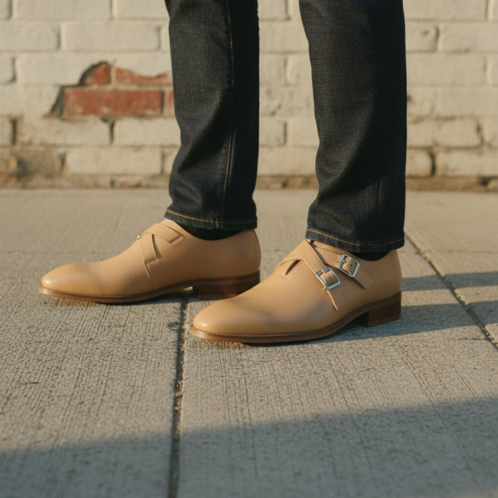 Men's Tan Plain-Toe Leather Double Monk Strap Shoes — Farlam