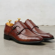 Men's Burgundy Apron-Toe Crocodile-Embossed Leather Double Monk Strap Shoes — Basildon — Basildon