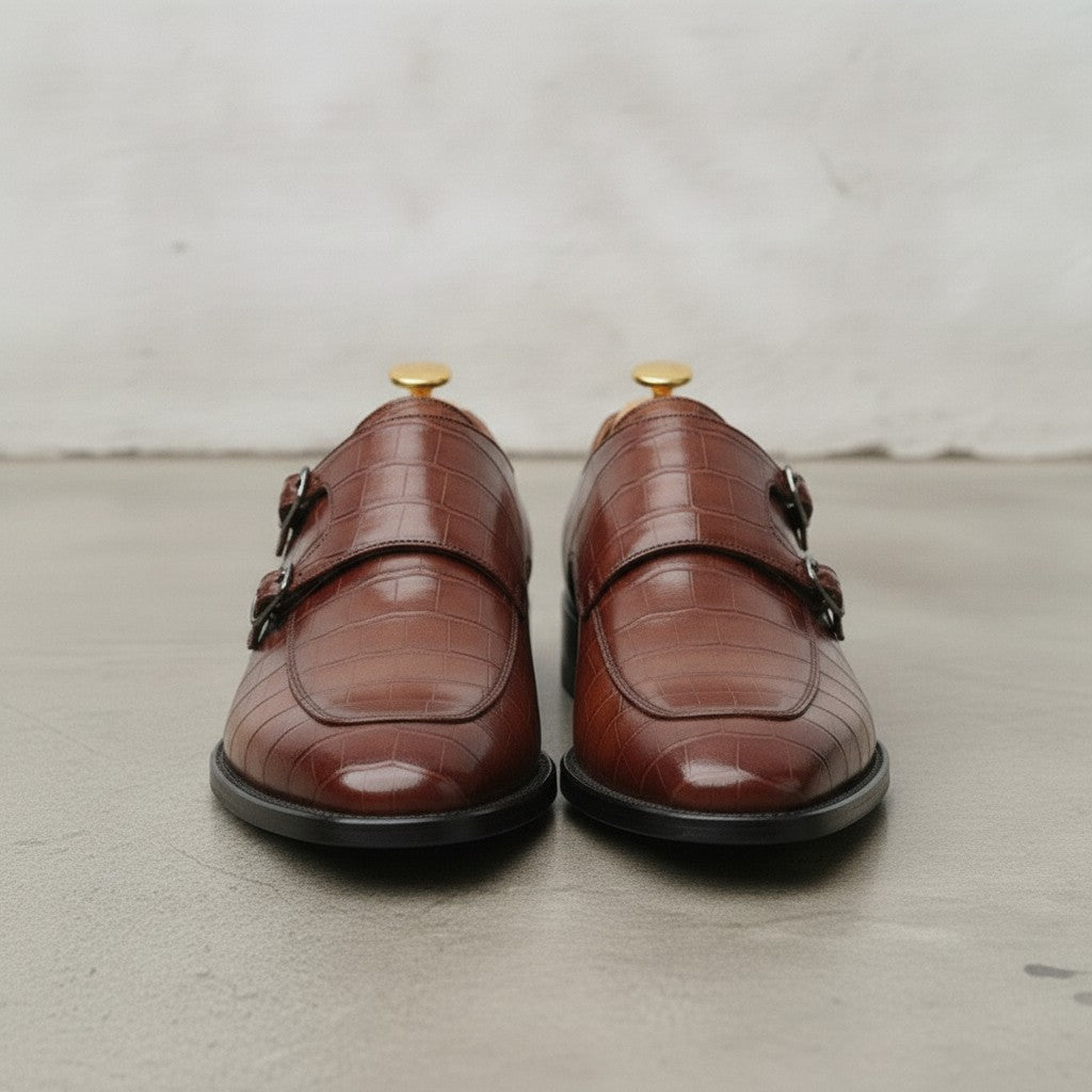Men's Burgundy Apron-Toe Crocodile-Embossed Leather Double Monk Strap Shoes — Basildon — Basildon