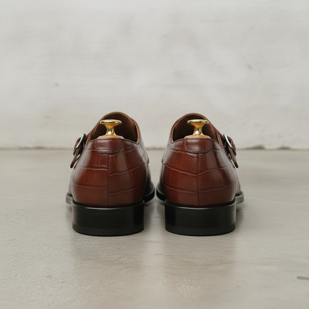 Men's Burgundy Apron-Toe Crocodile-Embossed Leather Double Monk Strap Shoes — Basildon — Basildon