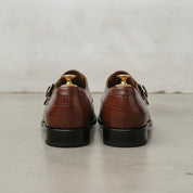 Men's Burgundy Apron-Toe Crocodile-Embossed Leather Double Monk Strap Shoes — Basildon — Basildon