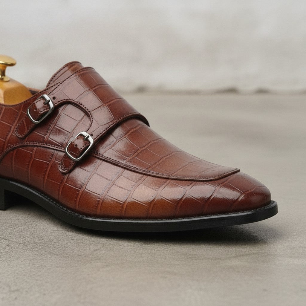 Men's Burgundy Apron-Toe Crocodile-Embossed Leather Double Monk Strap Shoes — Basildon — Basildon