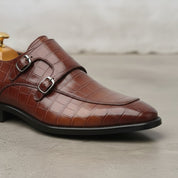 Men's Burgundy Apron-Toe Crocodile-Embossed Leather Double Monk Strap Shoes — Basildon — Basildon
