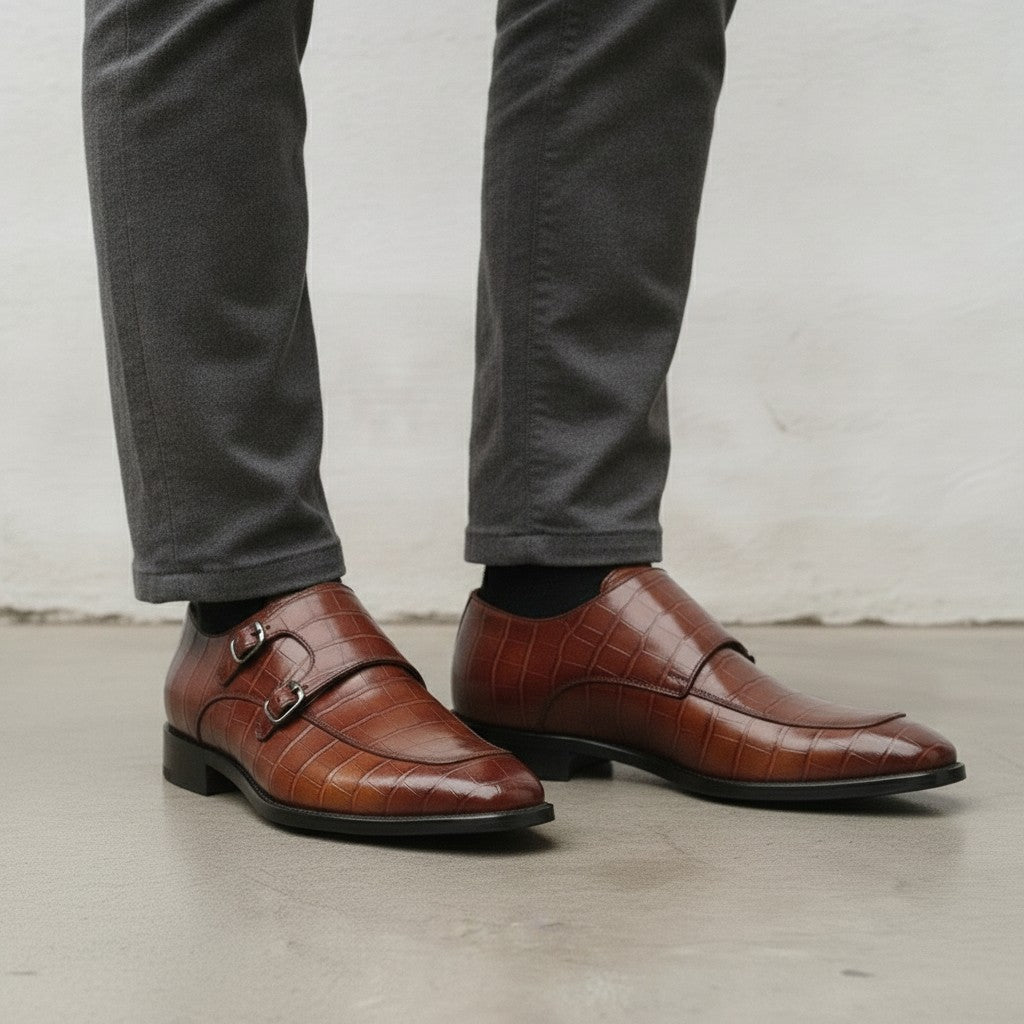 Men's Burgundy Apron-Toe Crocodile-Embossed Leather Double Monk Strap Shoes — Basildon — Basildon