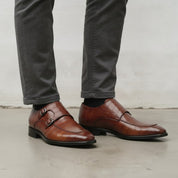 Men's Burgundy Apron-Toe Crocodile-Embossed Leather Double Monk Strap Shoes — Basildon — Basildon