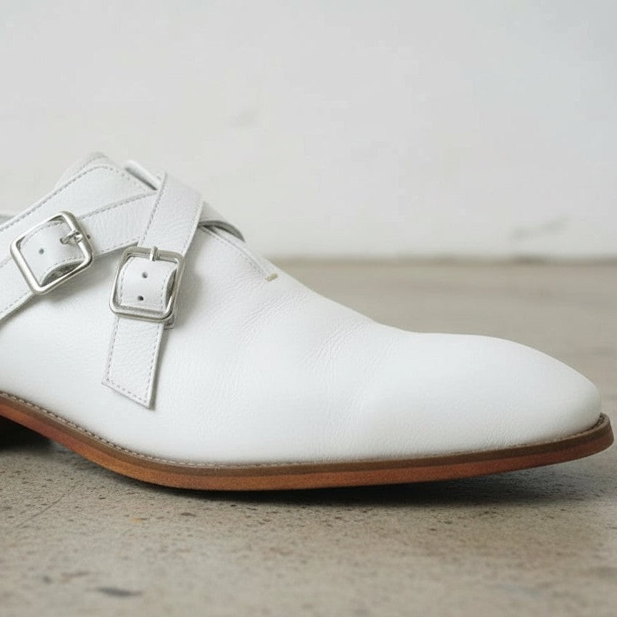 Men's White Plain-Toe Leather Double Monk Strap Monks — Farlam — Farlam