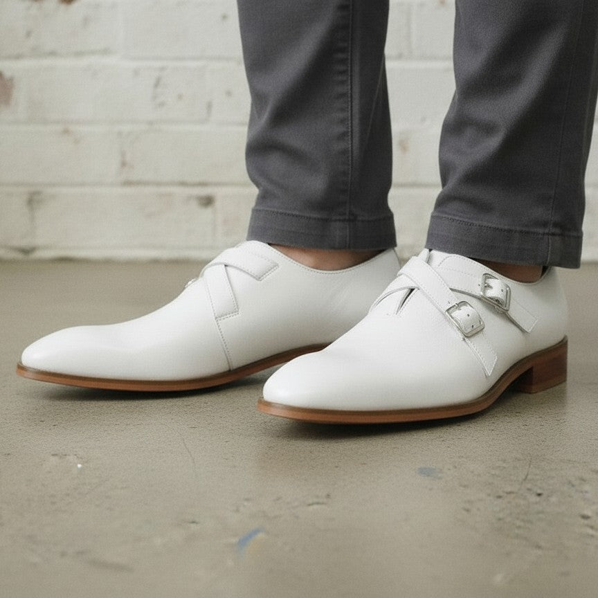 Men's White Plain-Toe Leather Double Monk Strap Monks — Farlam — Farlam