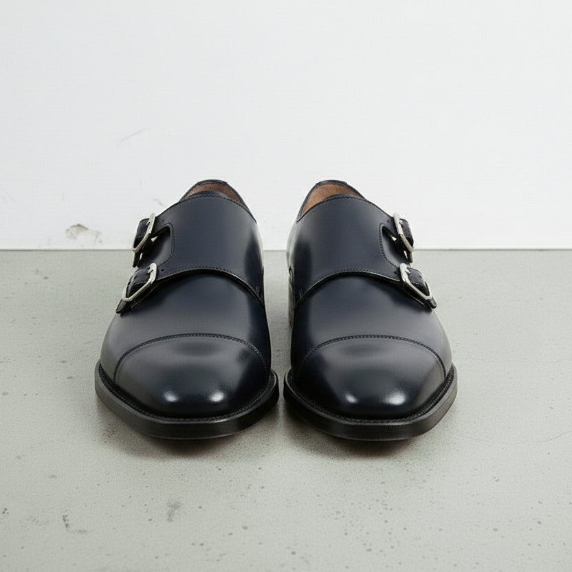 Men's Dark Blue Cap-Toe Leather Double Monk Strap Monks — Albemarle — Albemarle
