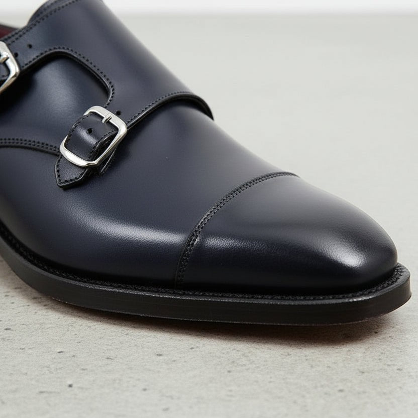 Men's Dark Blue Cap-Toe Leather Double Monk Strap Monks — Albemarle — Albemarle