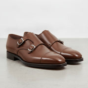 Men's Dark Brown Cap-Toe Leather Double Monk Strap Shoes — Albemarle
