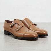 Men's Dark Tan Cap-Toe Leather Double Monk Strap Shoes — Albemarle