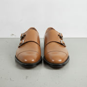 Men's Dark Tan Cap-Toe Leather Double Monk Strap Shoes — Albemarle