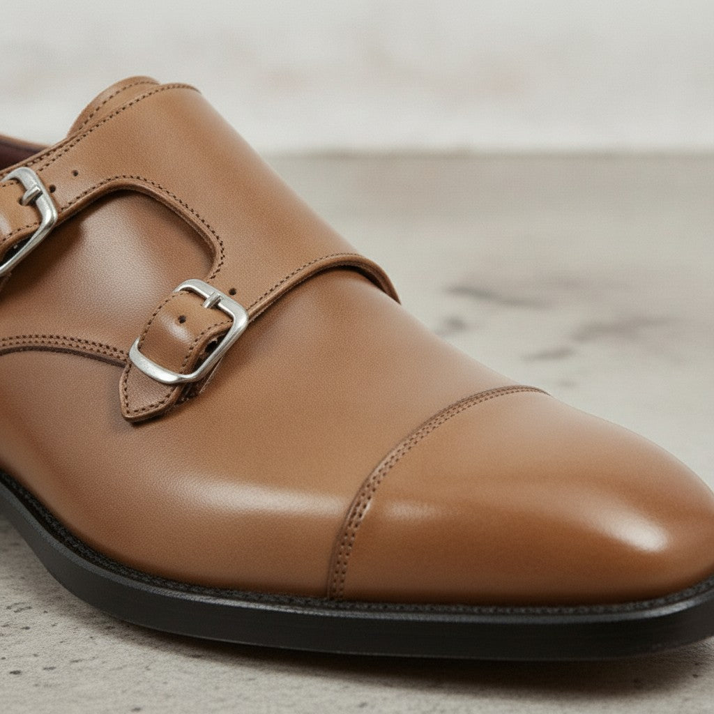 Men's Dark Tan Cap-Toe Leather Double Monk Strap Shoes — Albemarle