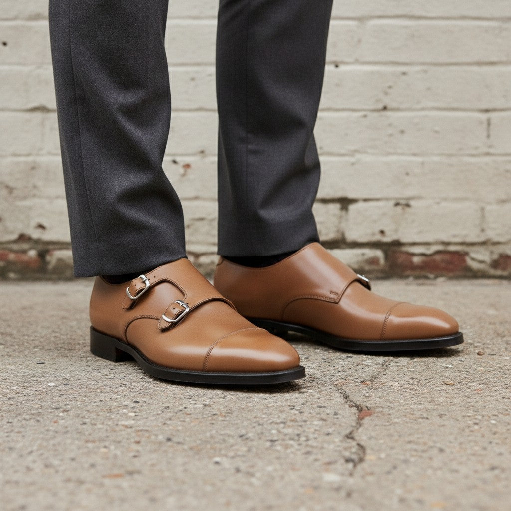 Men's Dark Tan Cap-Toe Leather Double Monk Strap Shoes — Albemarle
