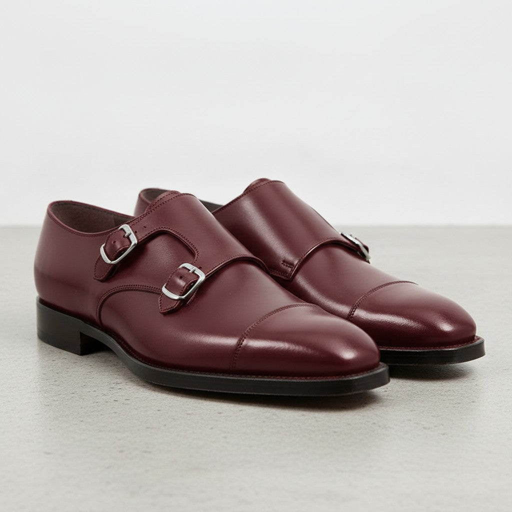 Men's Dark Burgundy Cap-Toe Leather Double Monk Strap Shoes — Albemarle