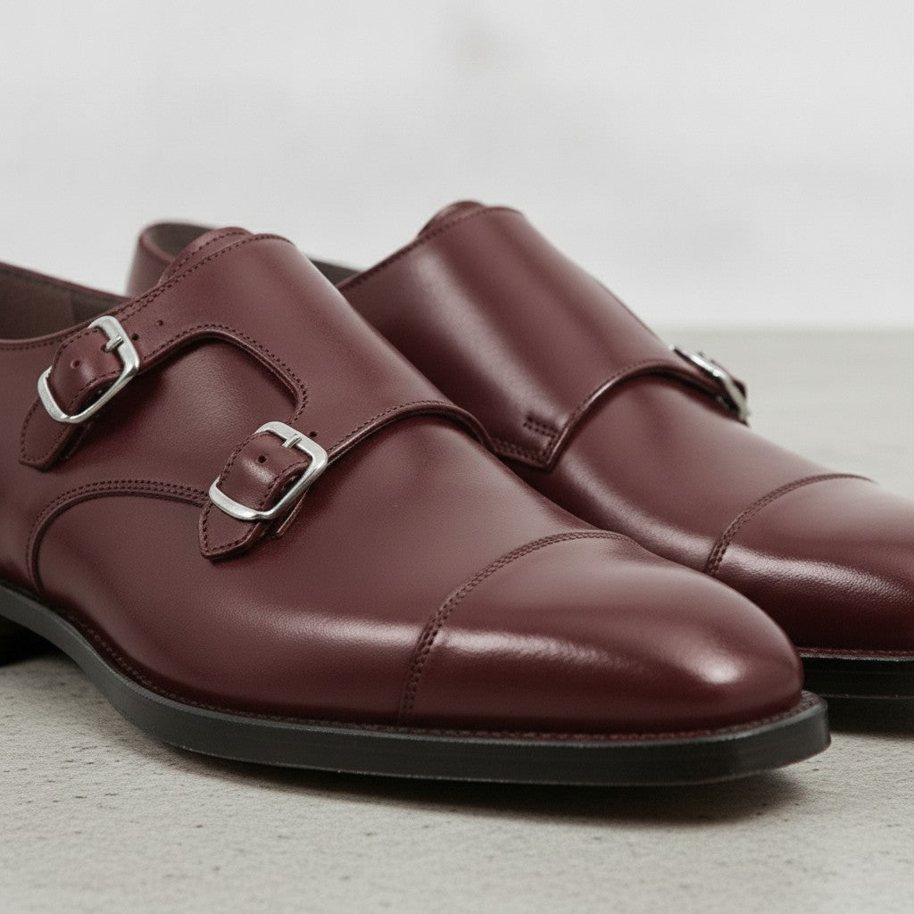 Men's Dark Burgundy Cap-Toe Leather Double Monk Strap Shoes — Albemarle