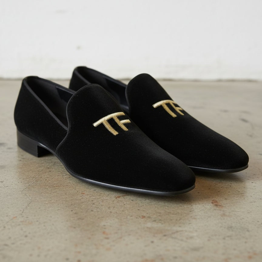 Men's Black Embroidered Velvet Loafers — Stratford