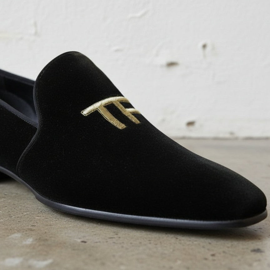 Men's Black Embroidered Velvet Loafers — Stratford