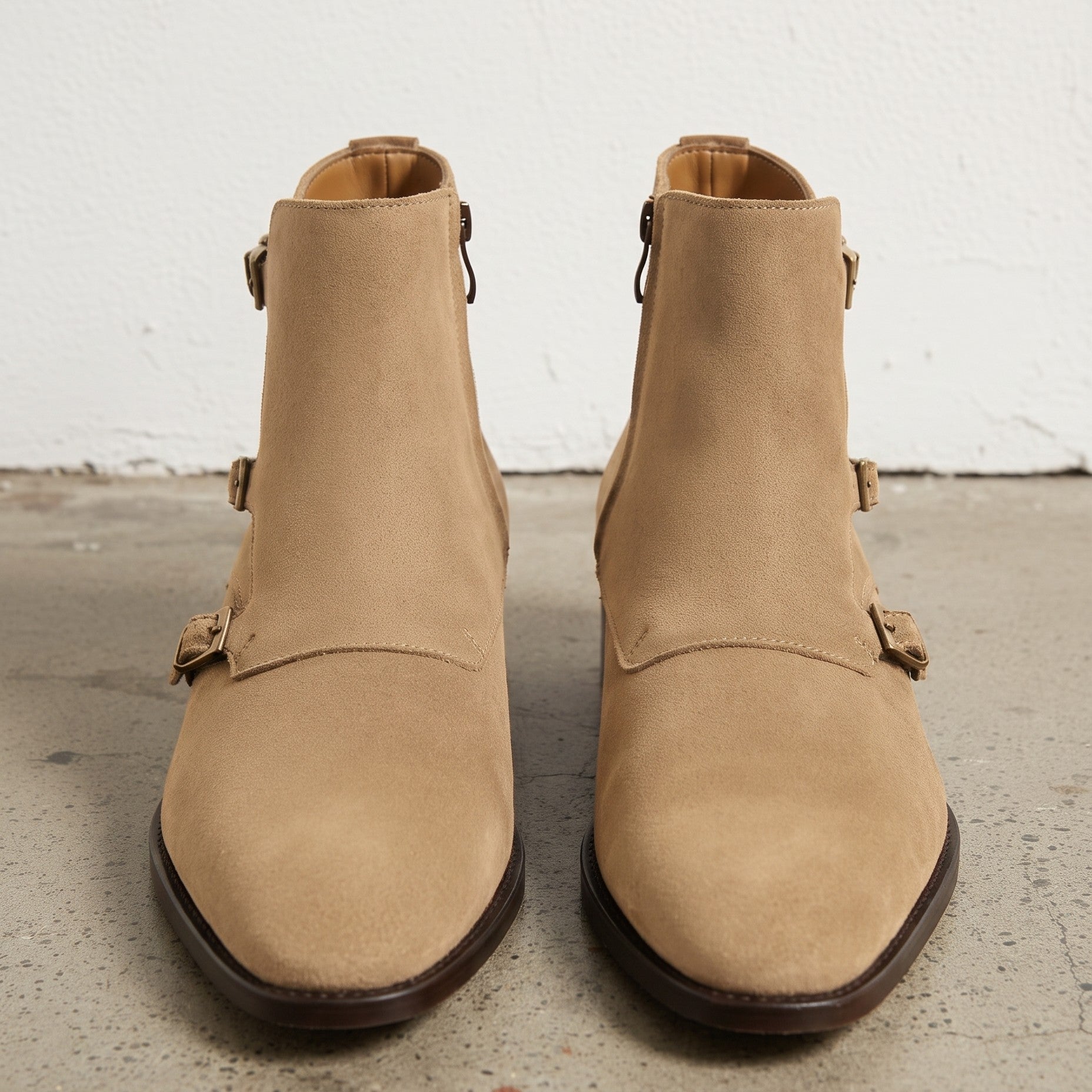 Men's Tan Plain-Toe Suede Triple Monk Boots — Hawley