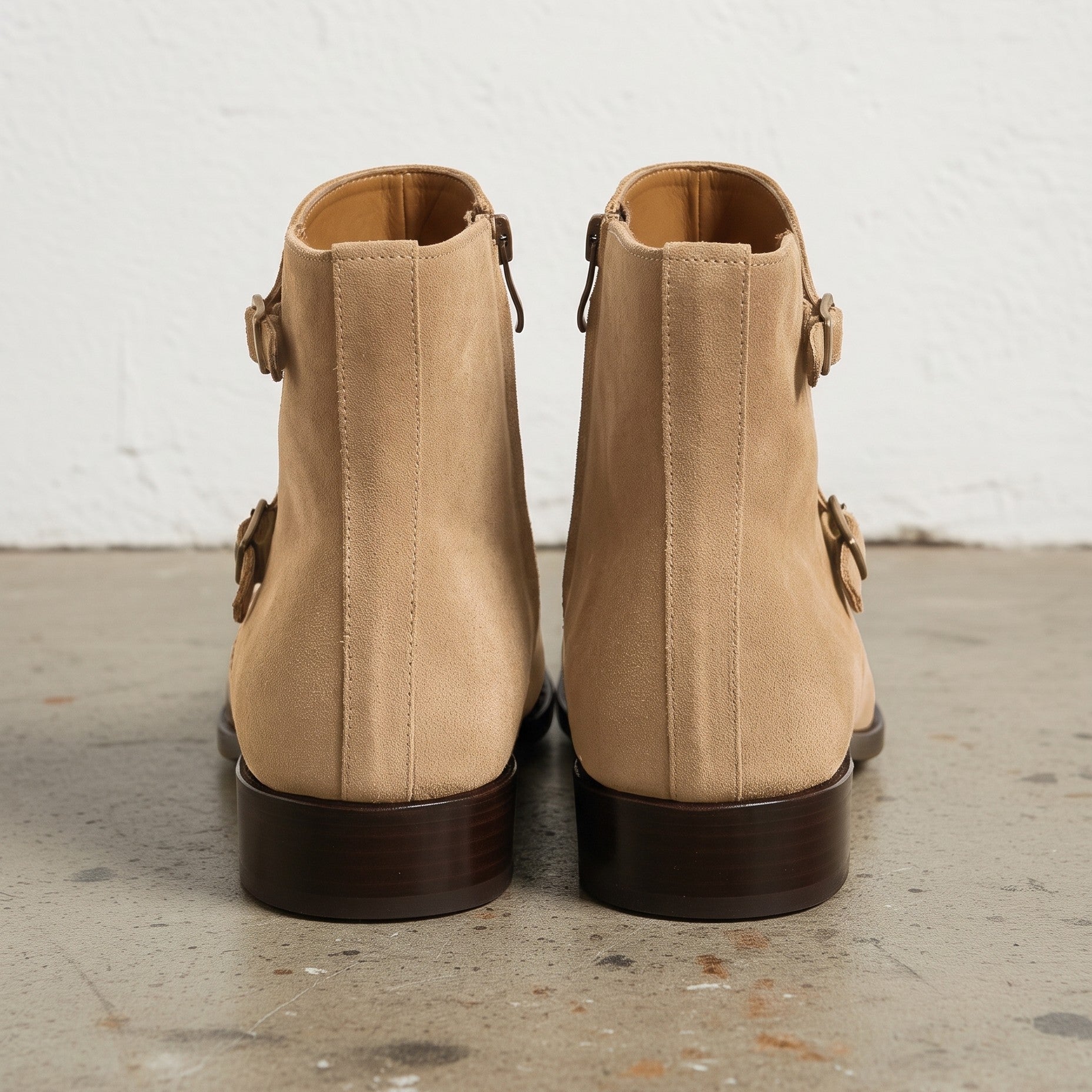 Men's Tan Plain-Toe Suede Triple Monk Boots — Hawley