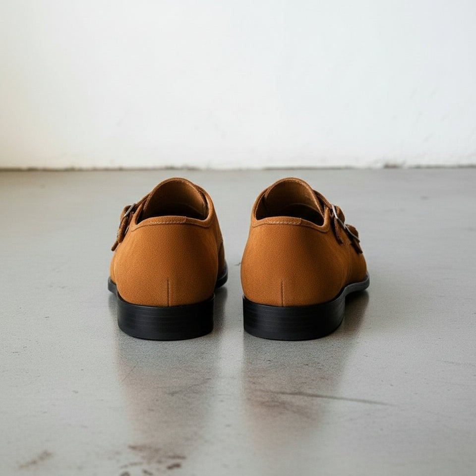 Men's Brown Plain-Toe Suede Double Monk Strap Shoes — Larkin — Larkin