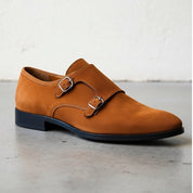 Men's Brown Plain-Toe Suede Double Monk Strap Shoes — Larkin — Larkin