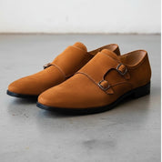Men's Brown Plain-Toe Suede Double Monk Strap Shoes — Larkin — Larkin