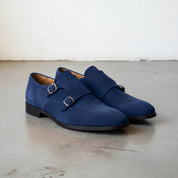 Men's Navy Blue Plain-Toe Suede Double Monk Strap Shoes — Larkin
