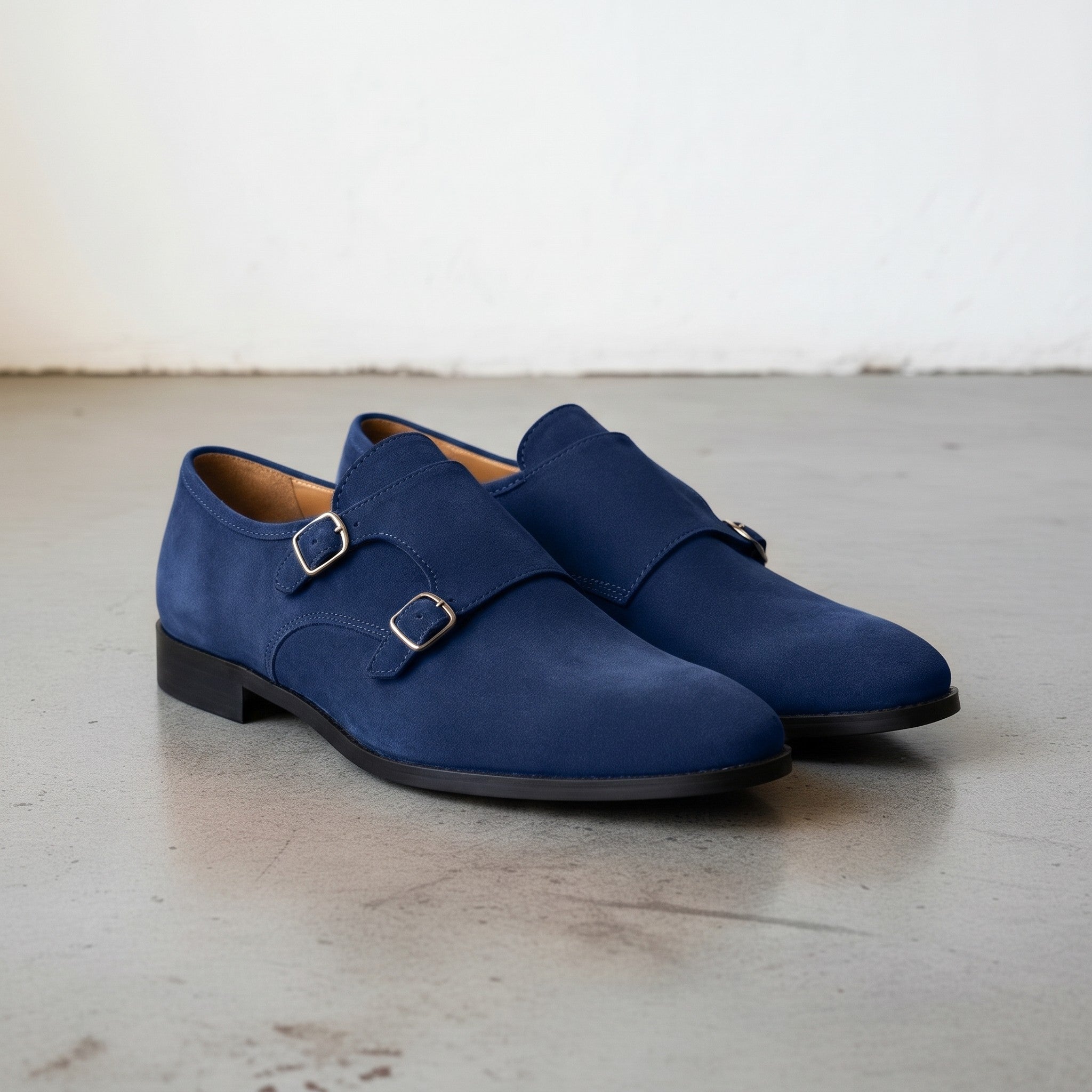 Men's Navy Blue Plain-Toe Suede Double Monk Strap Shoes — Larkin