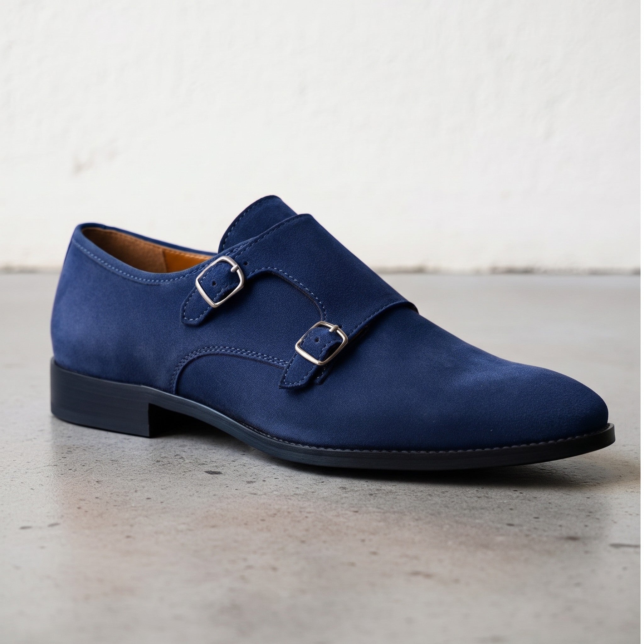 Men's Navy Blue Plain-Toe Suede Double Monk Strap Shoes — Larkin