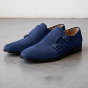 Men's Navy Blue Plain-Toe Suede Double Monk Strap Shoes — Larkin