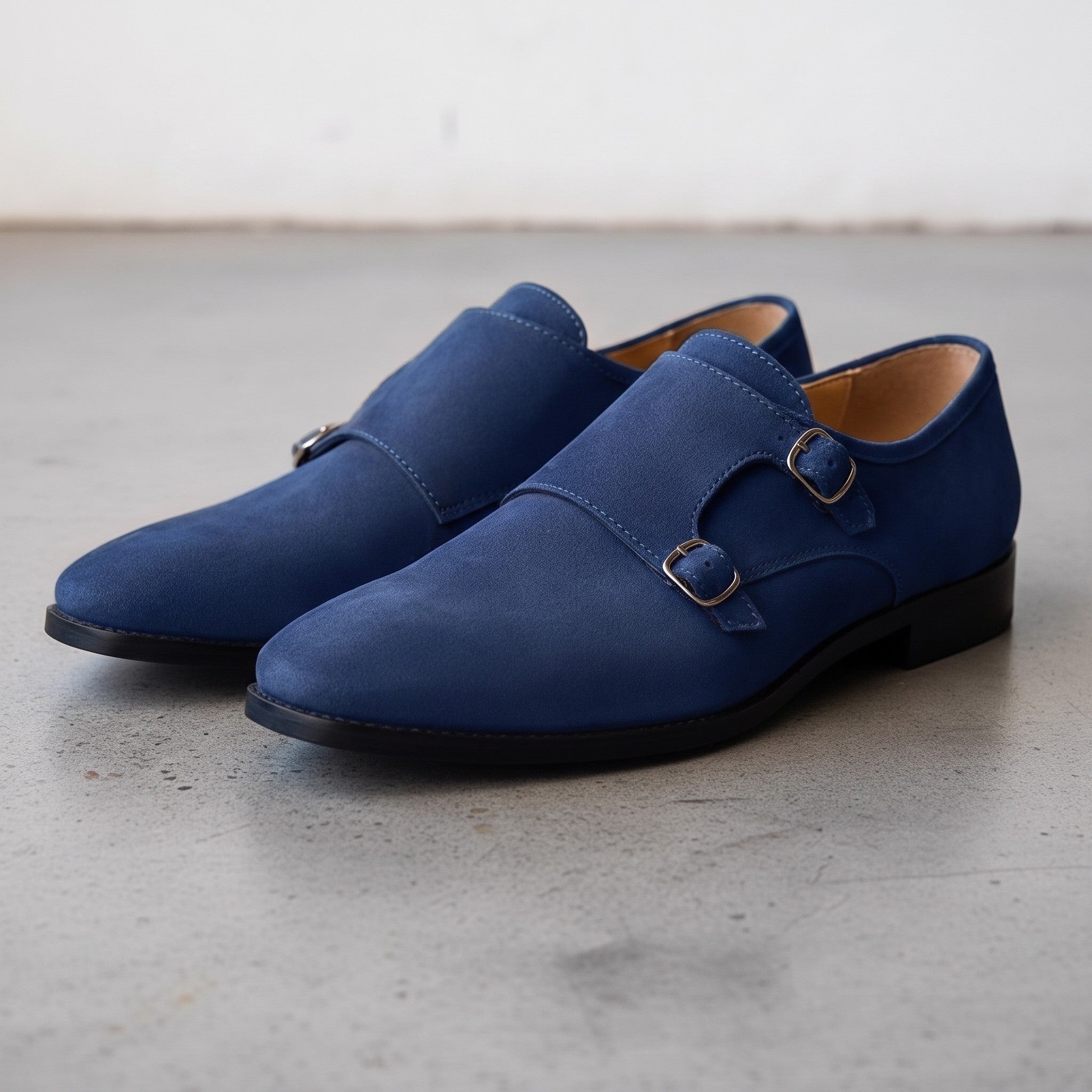 Men's Navy Blue Plain-Toe Suede Double Monk Strap Shoes — Larkin
