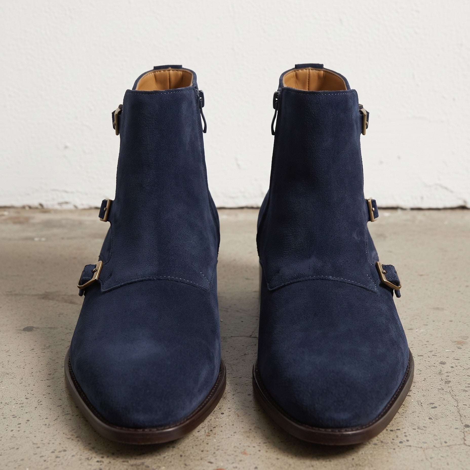 Men's Navy Blue Plain-Toe Suede Triple Monk Boots — Hawley