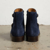 Men's Navy Blue Plain-Toe Suede Triple Monk Boots — Hawley