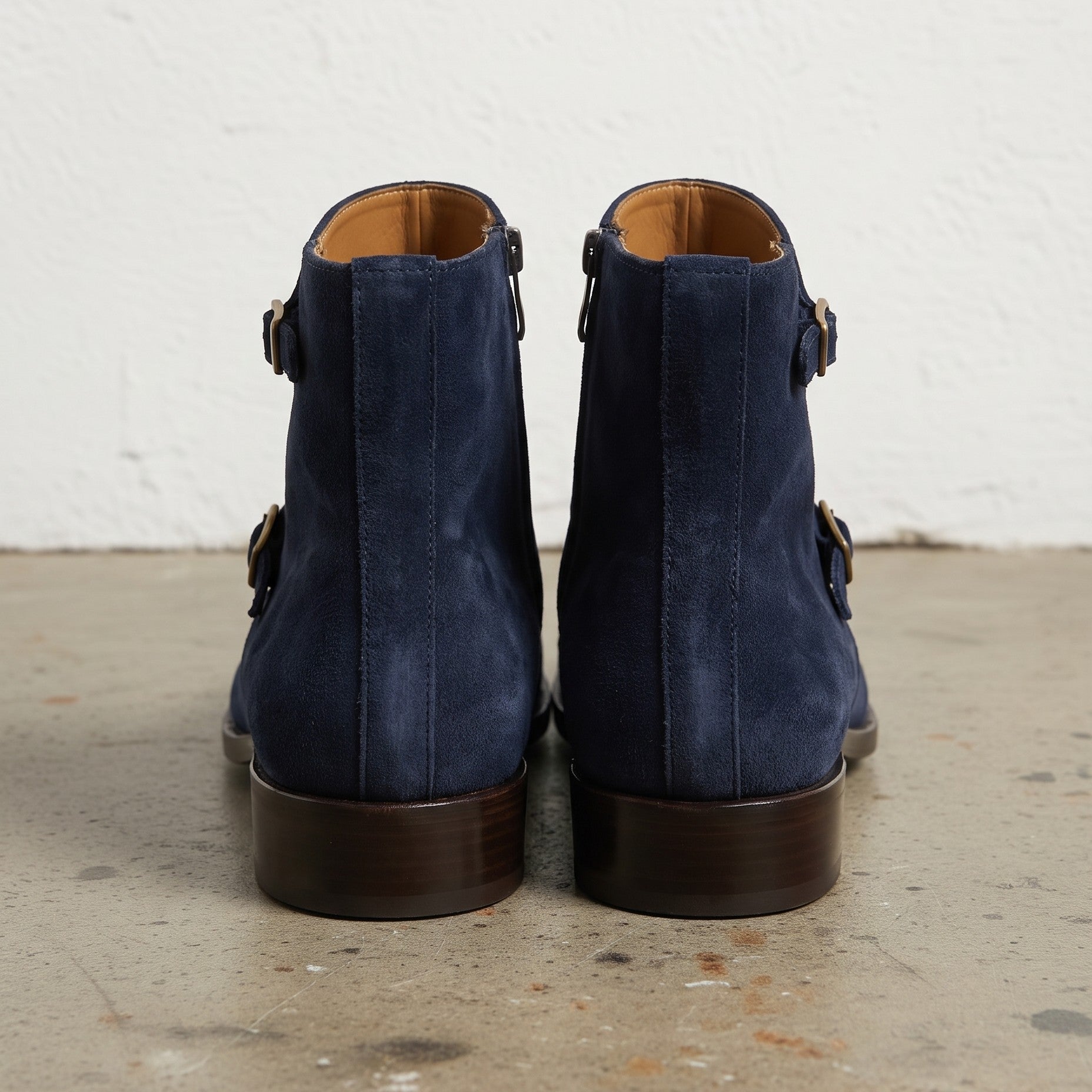 Men's Navy Blue Plain-Toe Suede Triple Monk Boots — Hawley