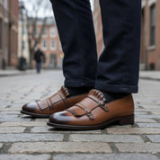 Men's Brown Plain-Toe Leather Double Monk Strap Shoes — Heytesbury — Heytesbury