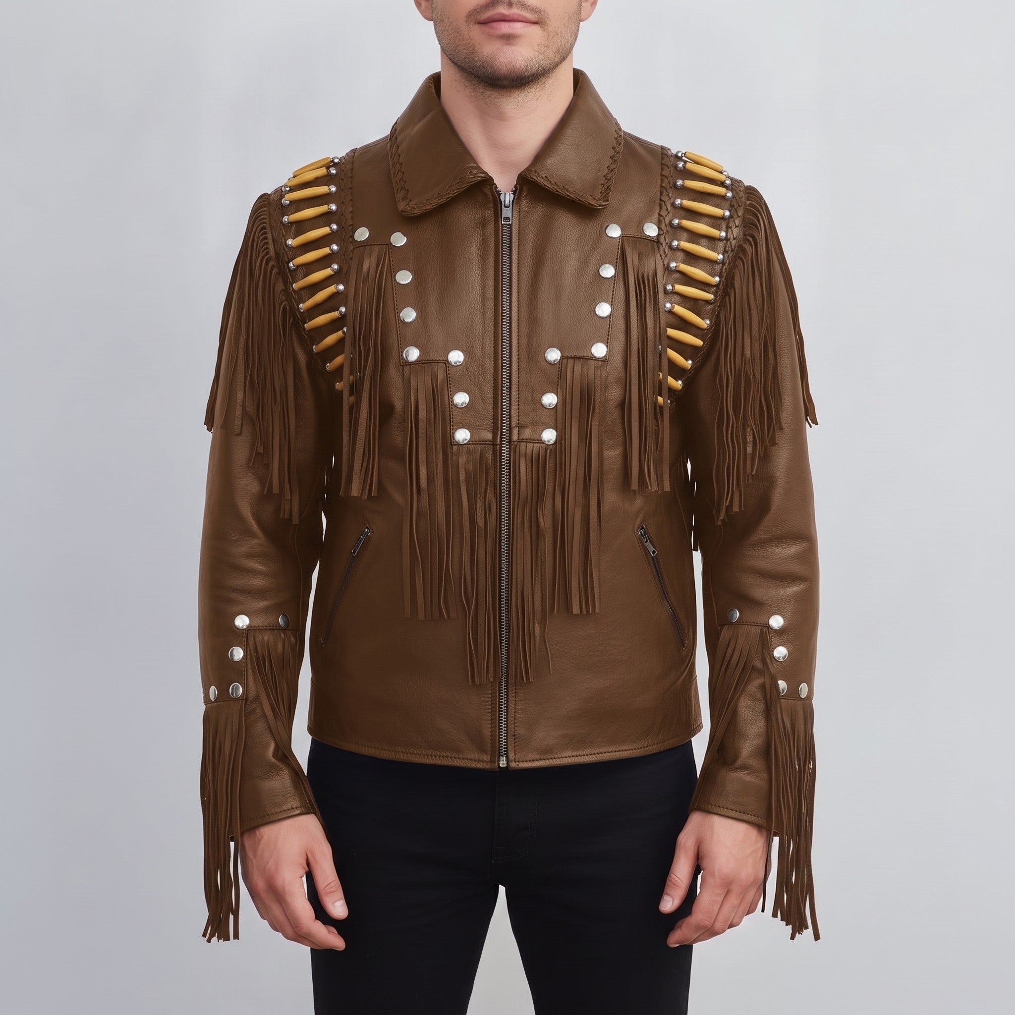 Men's Fringe Brown Leather Biker Jacket — Cheswick