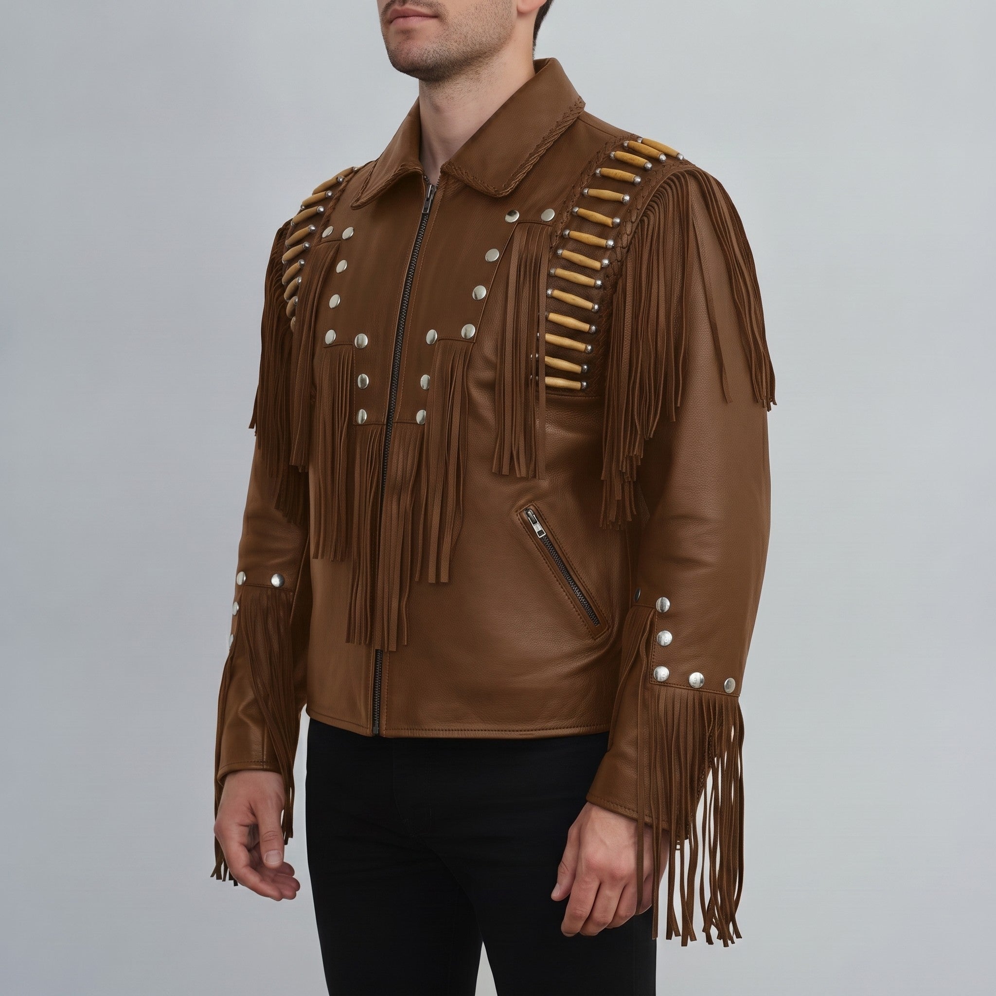 Men's Fringe Brown Leather Biker Jacket — Cheswick