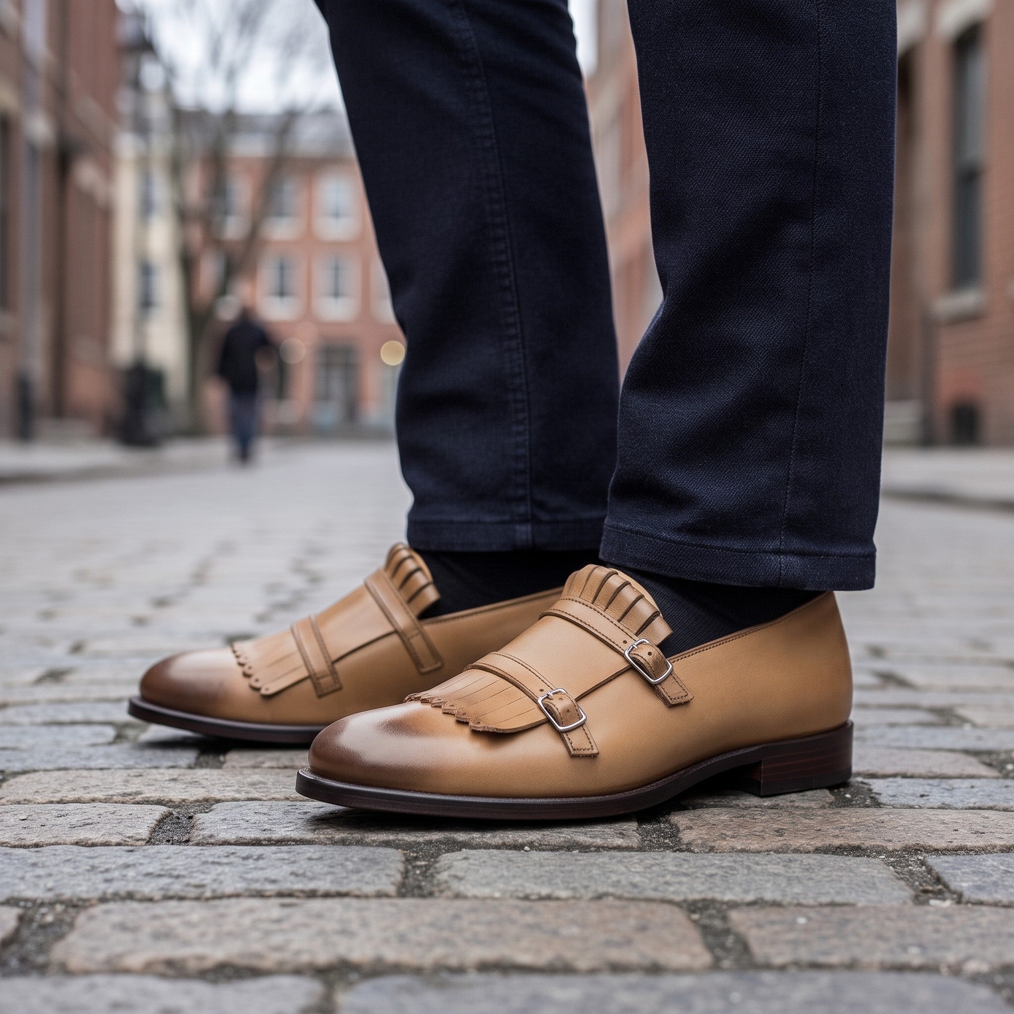 Men's Tan Plain-Toe Leather Double Monk Strap Shoes — Heytesbury — Heytesbury