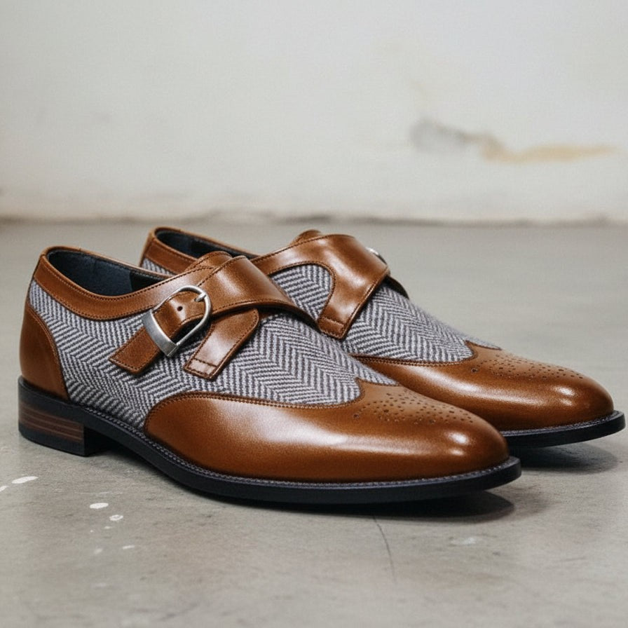 Men's Brown, Grey, and White Herringbone-Embossed Leather and Canvas Wingtip Monk Strap Shoes — Amory