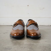 Men's Brown, Grey, and White Herringbone-Embossed Leather and Canvas Wingtip Monk Strap Shoes — Amory