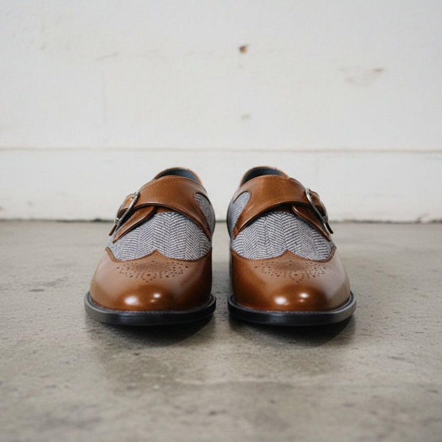 Men's Brown, Grey, and White Herringbone-Embossed Leather and Canvas Wingtip Monk Strap Shoes — Amory