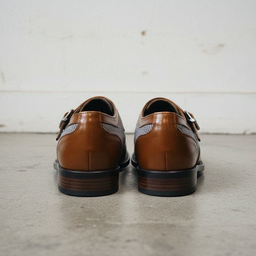 Men's Brown, Grey, and White Herringbone-Embossed Leather and Canvas Wingtip Monk Strap Shoes — Amory