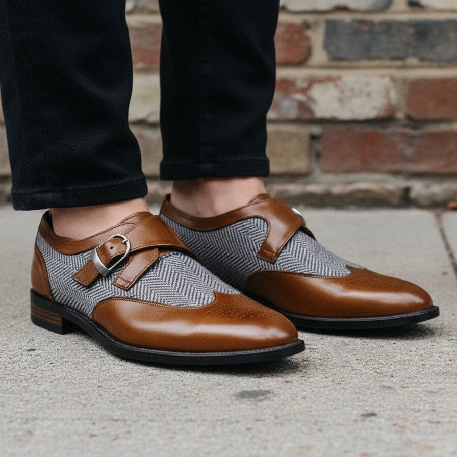 Men's Brown, Grey, and White Herringbone-Embossed Leather and Canvas Wingtip Monk Strap Shoes — Amory